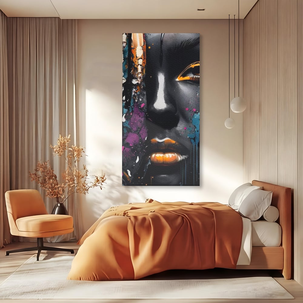 Tablou canvas cu tablou canvas cu portret street art, fara rama, pe sasiu de lemn, pe perete intr-un dormitor